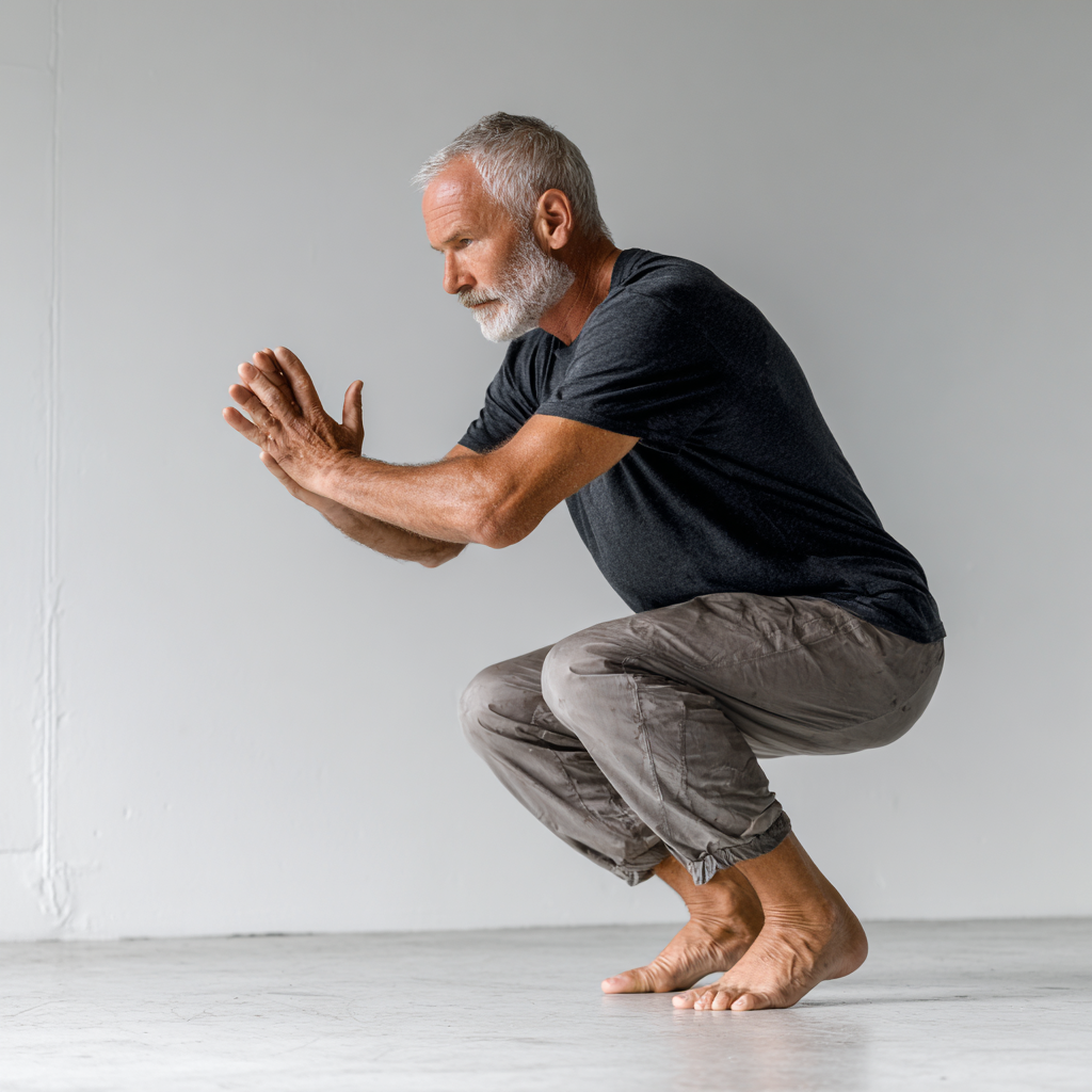 mature man performing controlled movement exercises in minimalist training space